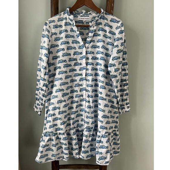 Le Bazar Coastal Mini Dress Blue Car Print Long Sleeve Ruffle Hem Size L - Picture 1 of 5